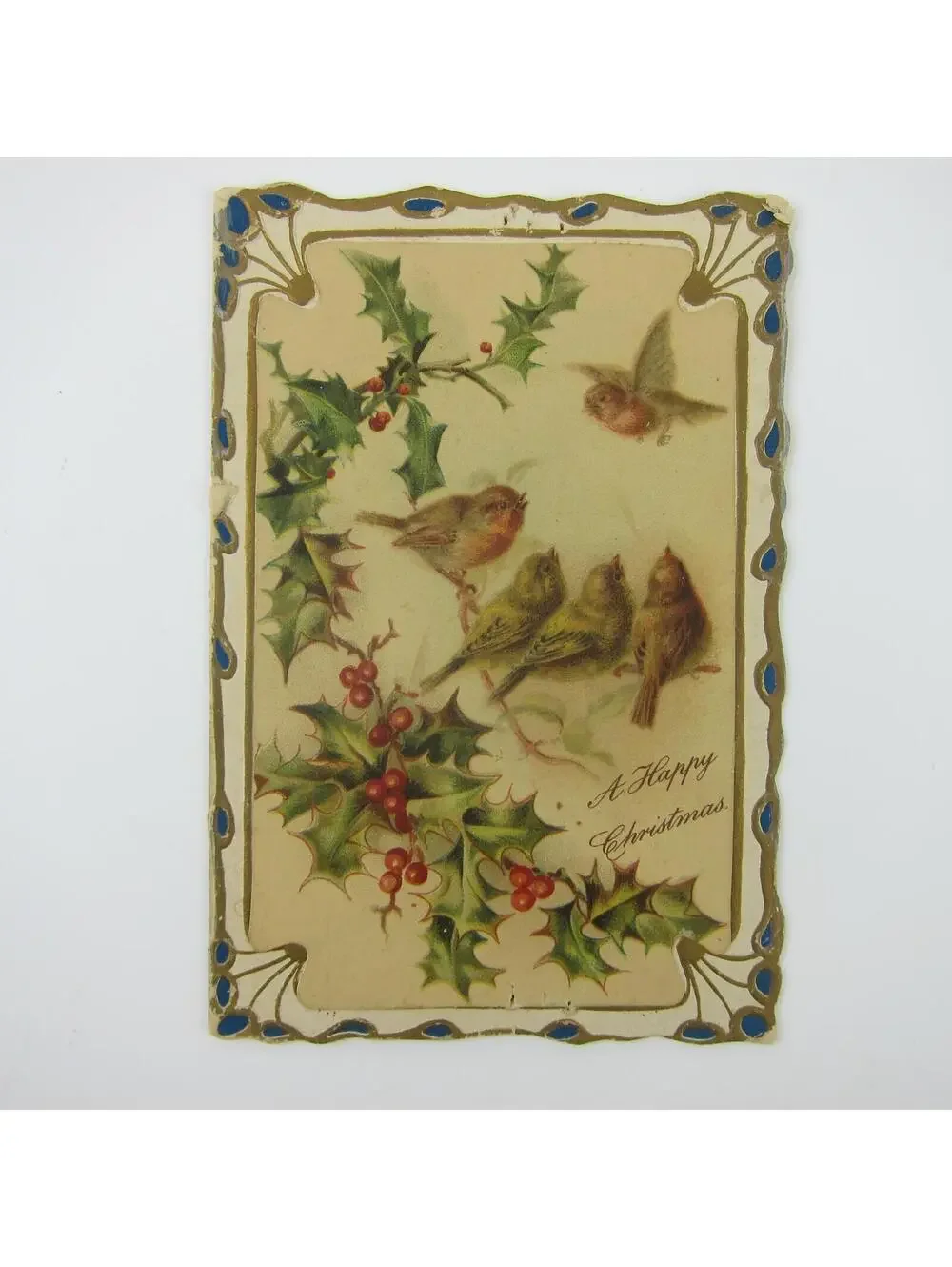 Antique Christmas Card Birds Tree Branch Holly Berries Embossed Bifold UNSIGNED